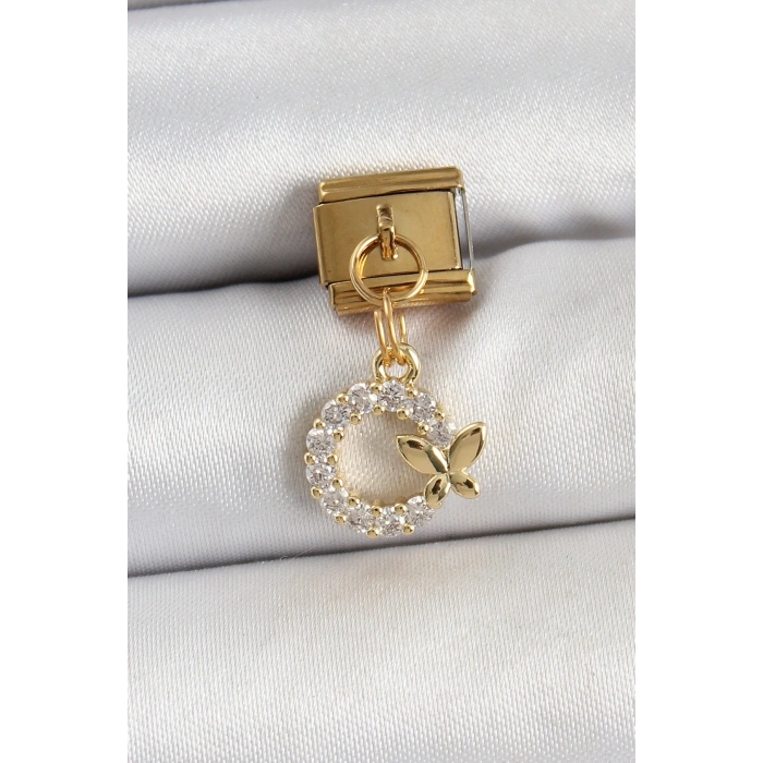 BFS 316L Çelik Sallantılı Zirkon Taşlı Kelebek Detaylı Halka Model Gold Renk Nomination Charm