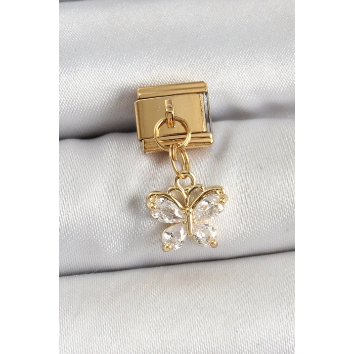BFS 316L Çelik Sallantılı Zirkon Taşlı Kelebek Model Gold Renk Nomination Charm