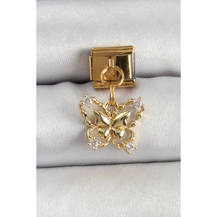 BFS 316L Çelik Sallantılı Zirkon Taşlı Kelebek Model Gold Renk Nomination Charm