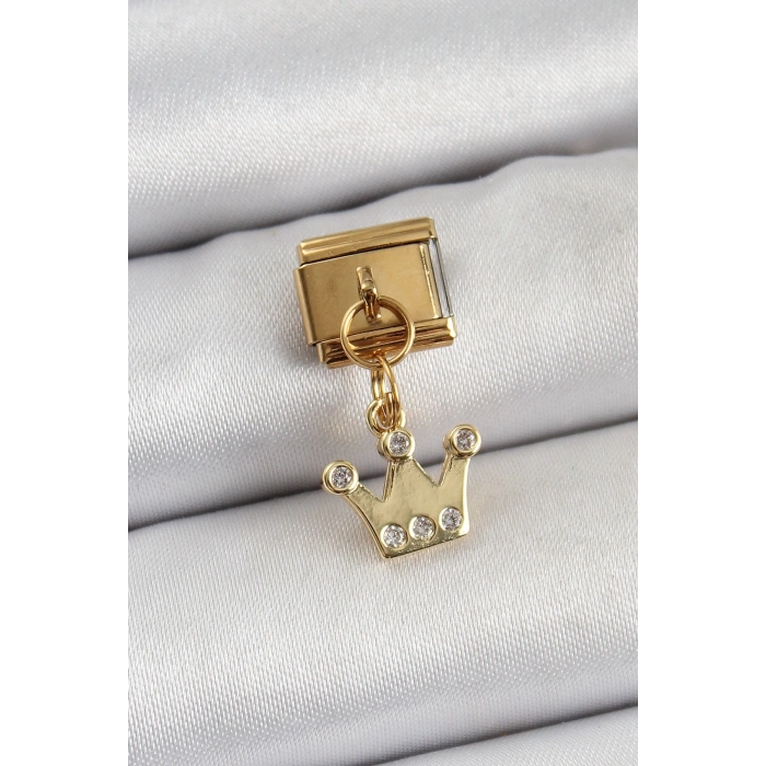BFS 316L Çelik Sallantılı Zirkon Taşlı Kraliçe Tacı Model Gold Renk Nomination Charm