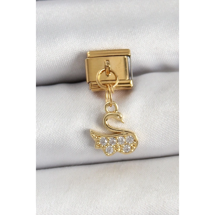 BFS 316L Çelik Sallantılı Zirkon Taşlı KuğuModel Gold Renk Nomination Charm