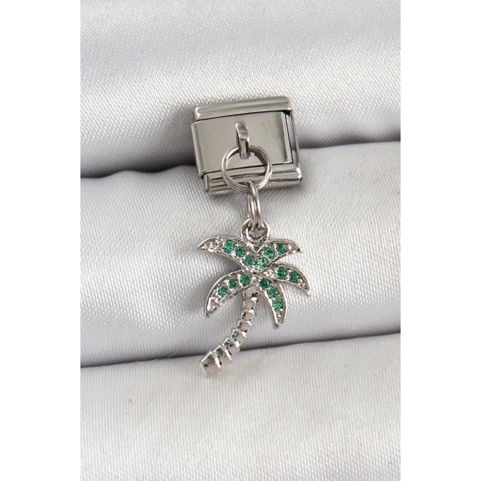 BFS 316L Çelik Sallantılı Zirkon Taşlı Palmiye Ağacı Model Gümüş Renk Nomination Charm