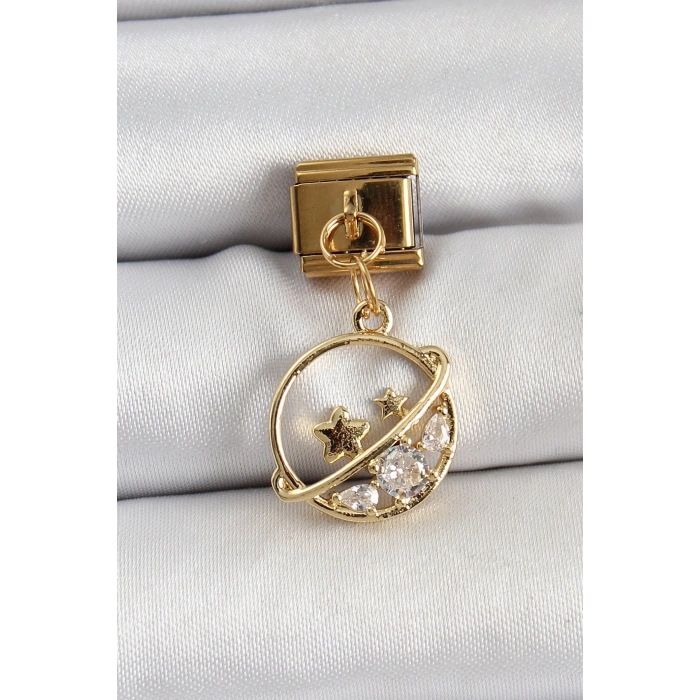 BFS 316L Çelik Sallantılı Zirkon Taşlı Satürn Model Gold Renk Nomination Charm