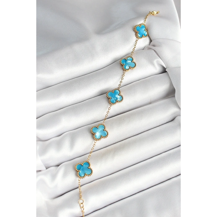 BFS 316L Çelik Sedefli Gökyüzü Mavisi Gold Renk Yonca Kadın Bileklik