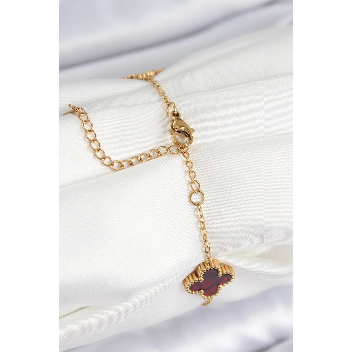 BFS 316L Çelik Sedefli Kırmızı Gold Renk Yonca Kadın Bileklik
