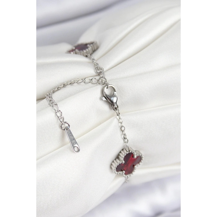 BFS 316L Çelik Sedefli Kırmızı Gümüş Renk Yonca Kadın Bileklik