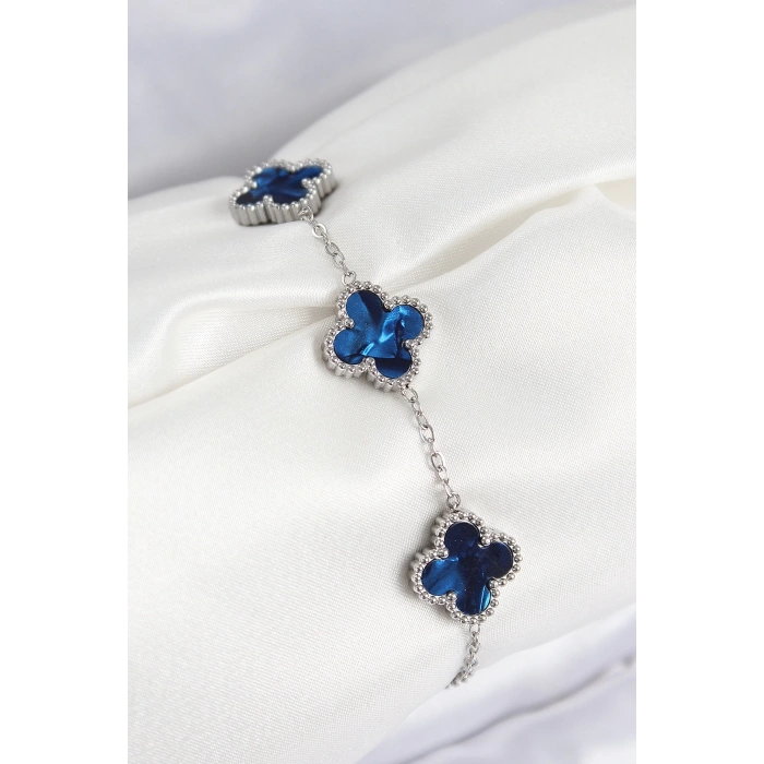 BFS 316L Çelik Sedefli Lacivert Gümüş Renk Yonca Kadın Bileklik