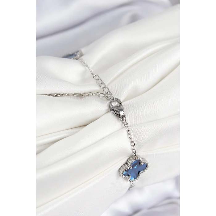 BFS 316L Çelik Sedefli Lacivert Gümüş Renk Yonca Kadın Bileklik