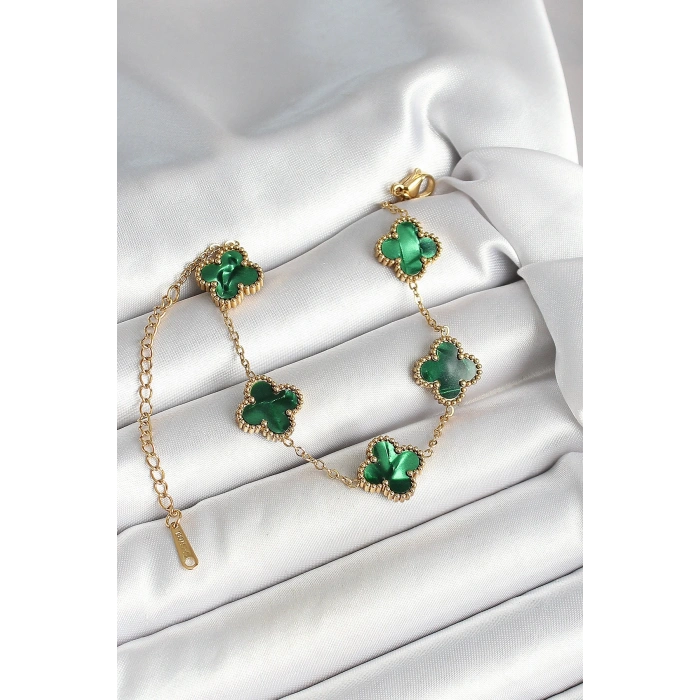 BFS 316L Çelik Sedefli Zümrüt Yeşil Gold Renk Yonca Kadın Bileklik