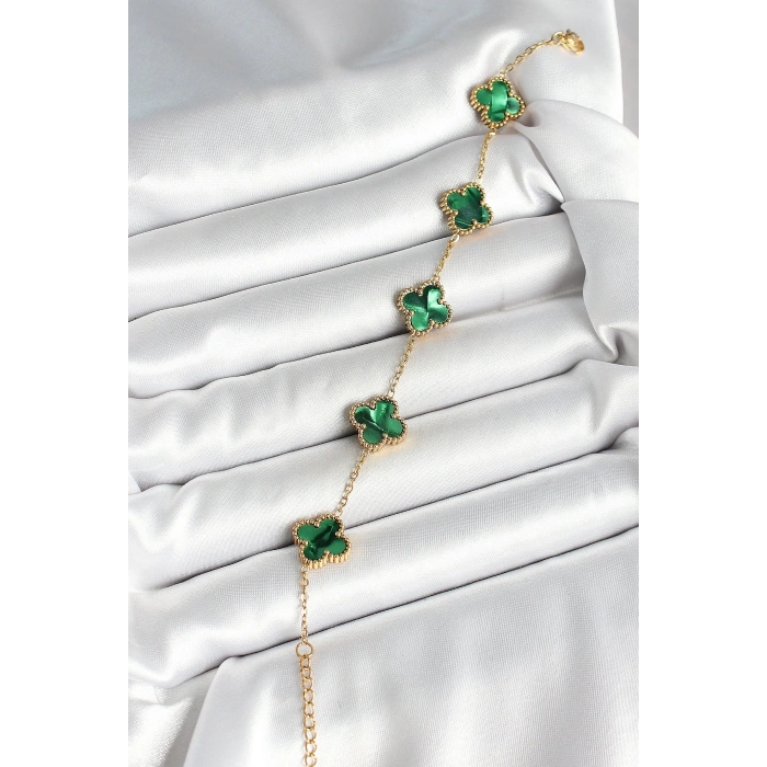 BFS 316L Çelik Sedefli Zümrüt Yeşil Gold Renk Yonca Kadın Bileklik