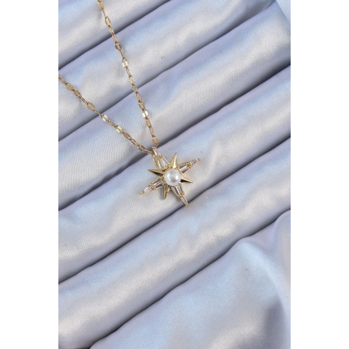 BFS 316L Çelik Zincir Altın Renk Baget Taşlı İnci Detay Kutup Yıldızı Kolye