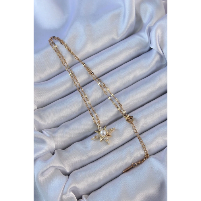 BFS 316L Çelik Zincir Altın Renk Baget Taşlı İnci Detay Kutup Yıldızı Kolye