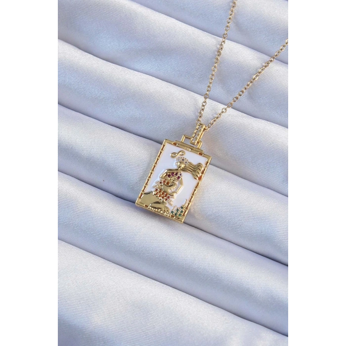 BFS 316L Çelik Zincir Altın Renk Beyaz Mineli Tarot Kolye