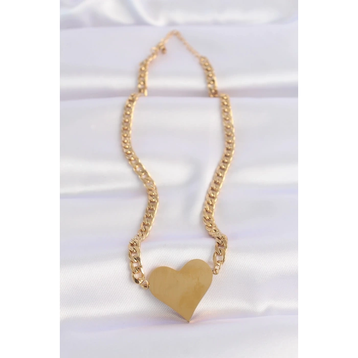BFS 316L Çelik Zincir Altın Renk Düz Plaka Kalp Kolye