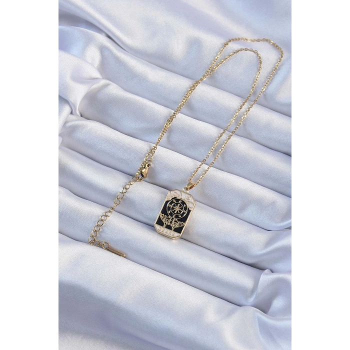 BFS 316L Çelik Zincir Altın Renk İşlemeli Siyah Mineli Tarot Kolye