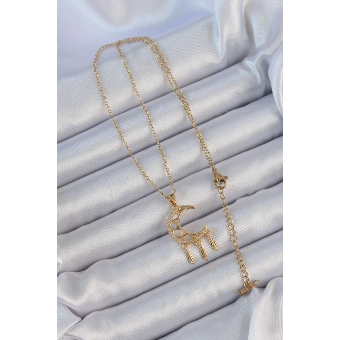 BFS 316L Çelik Zincir Altın Renk İşlemeli Zirkon Taşlı Ay Kolye