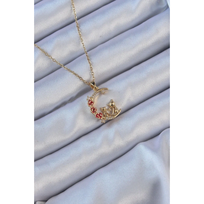 BFS 316L Çelik Zincir Altın Renk Kırmızı Gül Detay Kedi Figür Zirkon Taşlı Ay Kolye