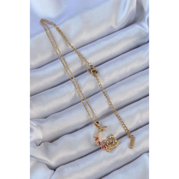 BFS 316L Çelik Zincir Altın Renk Kırmızı Gül Detay Kedi Figür Zirkon Taşlı Ay Kolye