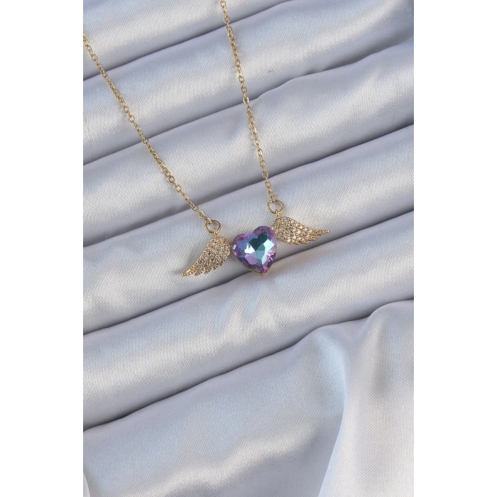 BFS 316L Çelik Zincir Altın Renk Mavi Mor Zirkon Taşlı Kanatlı Kalp Kolye