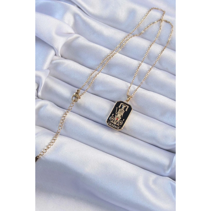 BFS 316L Çelik Zincir Altın Renk Siyah Mineli Tarot Kolye