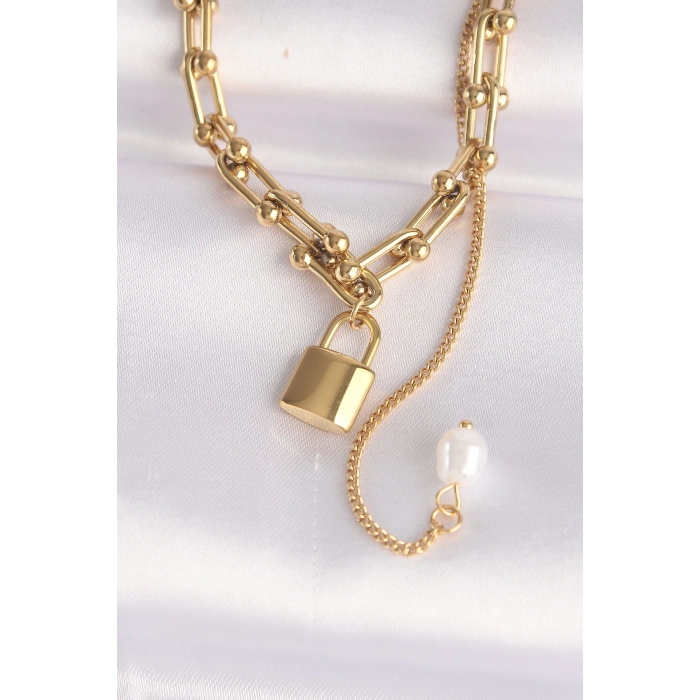 BFS 316L Çelik Zincir Altın Renk Zincirli Love Yazılı Kilit Kolye