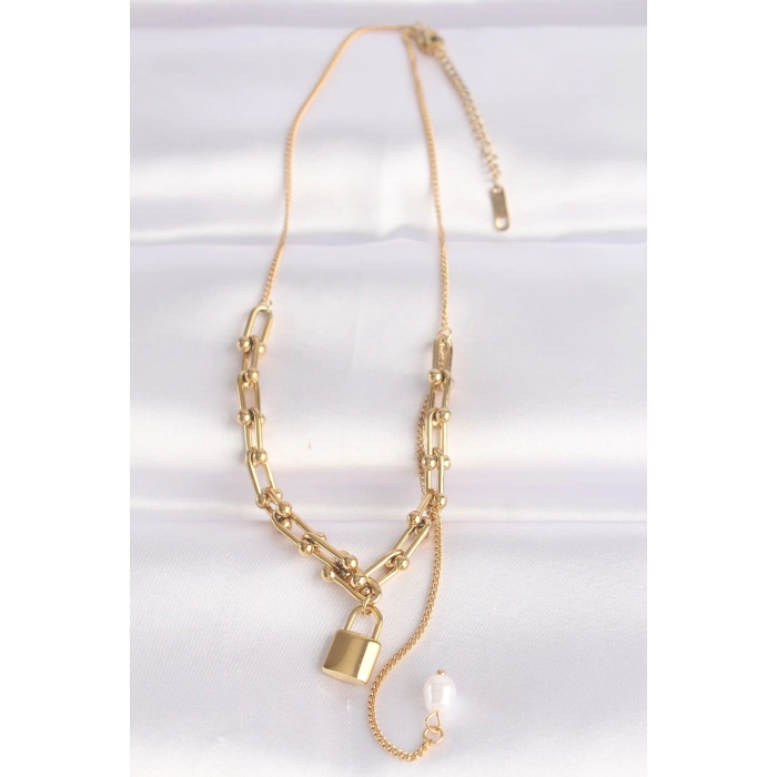 BFS 316L Çelik Zincir Altın Renk Zincirli Love Yazılı Kilit Kolye