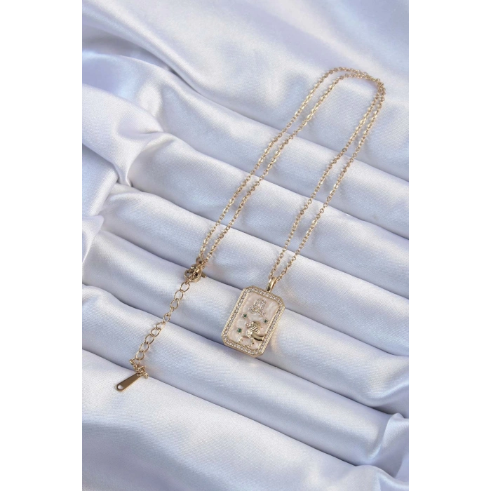 BFS 316L Çelik Zincir Altın Renk Zirkon Taşlı Aslan Figürlü Tarot Kolye