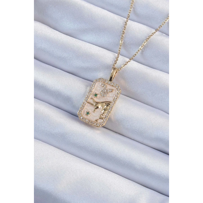 BFS 316L Çelik Zincir Altın Renk Zirkon Taşlı Boğa Figürlü Tarot Kolye