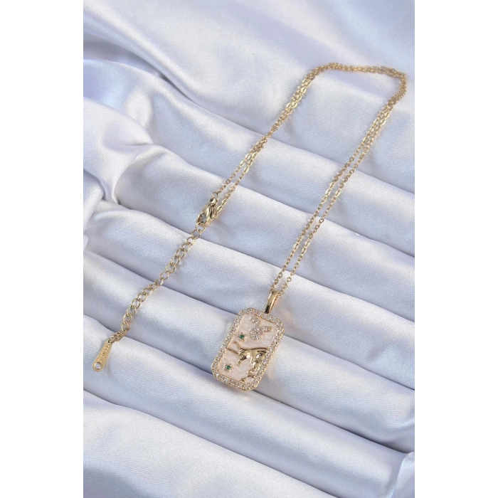 BFS 316L Çelik Zincir Altın Renk Zirkon Taşlı Boğa Figürlü Tarot Kolye