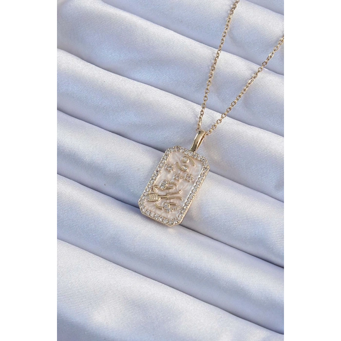 BFS 316L Çelik Zincir Altın Renk Zirkon Taşlı Çerçeveli Tarot Kolye