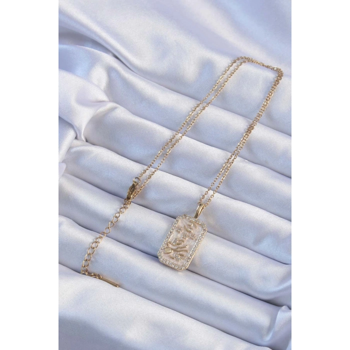 BFS 316L Çelik Zincir Altın Renk Zirkon Taşlı Çerçeveli Tarot Kolye