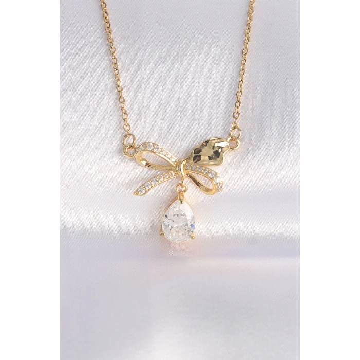 BFS 316L Çelik Zincir Altın Renk Zirkon Taşlı Damla Detay Fiyonk Kolye