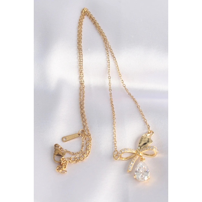 BFS 316L Çelik Zincir Altın Renk Zirkon Taşlı Damla Detay Fiyonk Kolye