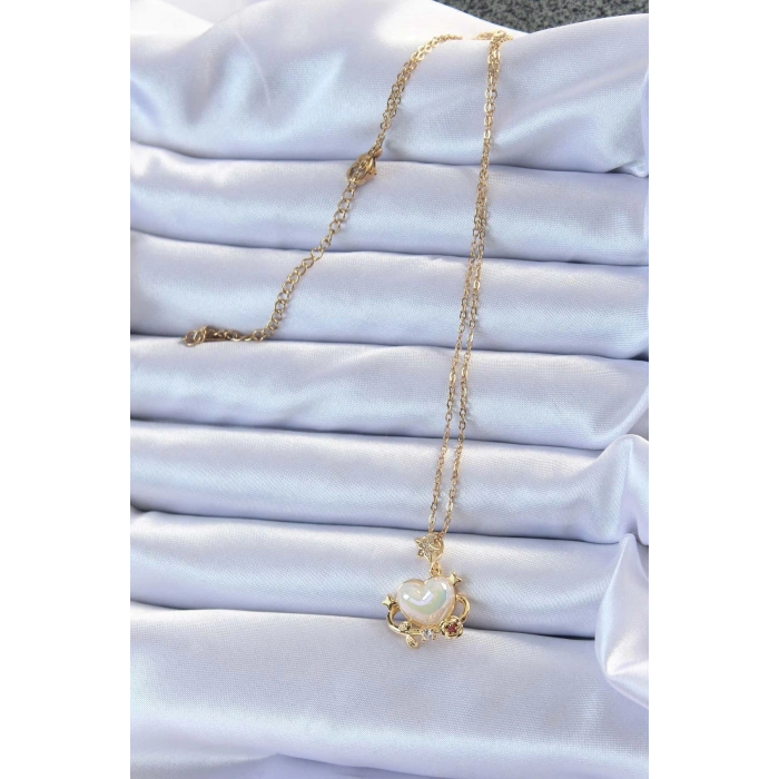 BFS 316L Çelik Zincir Altın Renk Zirkon Taşlı Gezegen Görünümlü Kalp Kolye