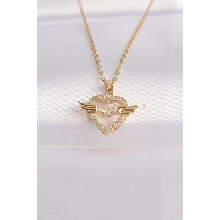 BFS 316L Çelik Zincir Altın Renk Zirkon Taşlı Kanatlı Kalp Kolye