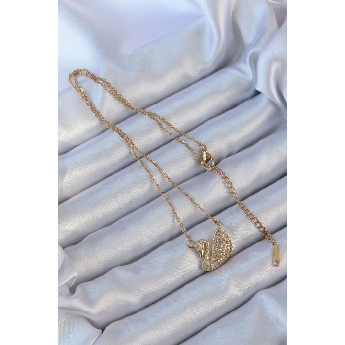 BFS 316L Çelik Zincir Altın Renk Zirkon Taşlı Kuğu Kolye