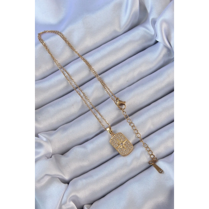 BFS 316L Çelik Zincir Altın Renk Zirkon Taşlı Kutup Yıldızlı Vintage Kolye