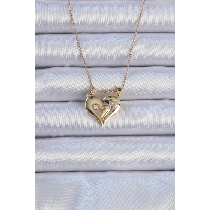 BFS 316L Çelik Zincir Altın Renk Zirkon Taşlı Mıknatıslı Kalp Kolye
