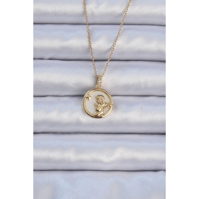 BFS 316L Çelik Zincir Altın Renk Zirkon Taşlı Mineli Melek Kolye