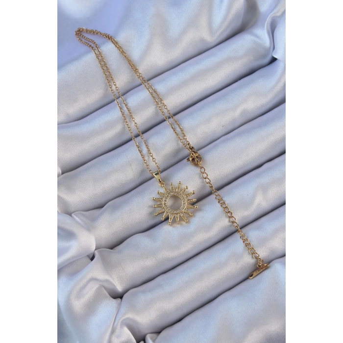 BFS 316L Çelik Zincir Altın Renk Zirkon Taşlı Parlayan Güneş Kolye