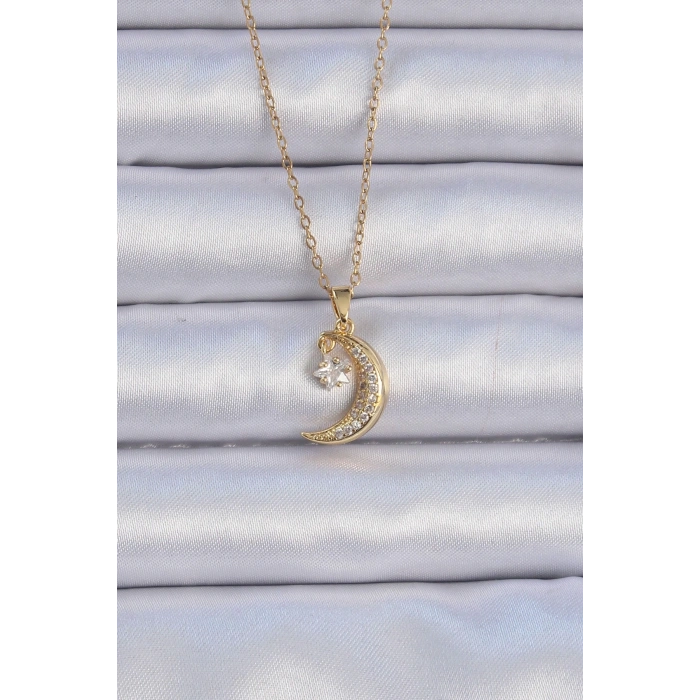 BFS 316L Çelik Zincir Altın Renk Zirkon Taşlı Sallantılı Ay Yıldız Kolye