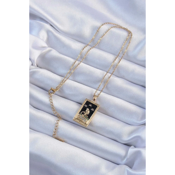BFS 316L Çelik Zincir Altın Renk Zirkon Taşlı Siyah Mineli Kız Figürlü Tarot Kolye
