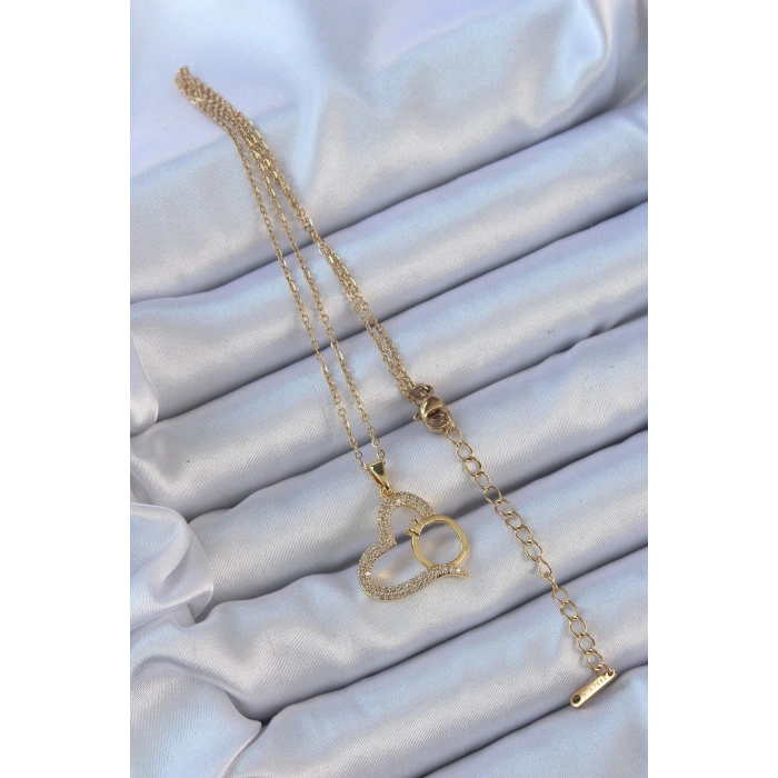 BFS 316L Çelik Zincir Altın Renk Zirkon Taşlı Yüzüklü Kalp Kolye