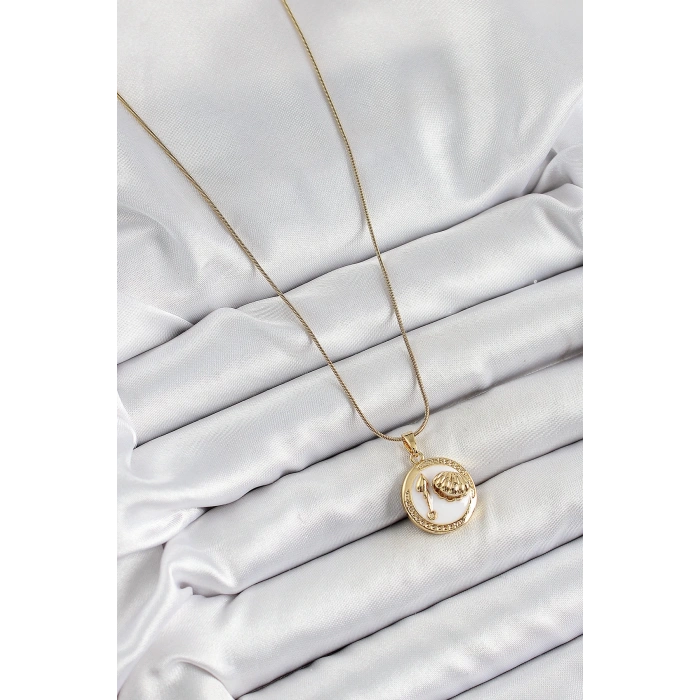 BFS 316L Çelik Zincir Beyaz Mineli Sanatsal Portre İstiridye Model Gold Renk Kadın Kolye