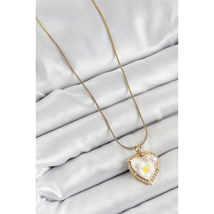 BFS 316L Çelik Zincir Beyaz Sanatsal Portre İnci Detaylı Papatya Figürlü Kalp Model Gold Renk Kadın Kolye