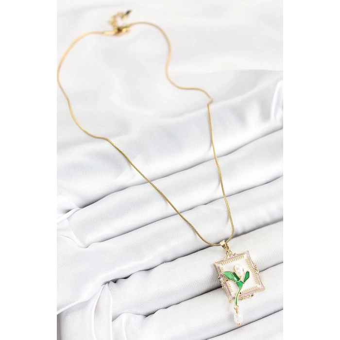BFS 316L Çelik Zincir Beyaz Sanatsal Portre Sallantılı İnci Detaylı Lale Model Gold Renk Kadın Kolye