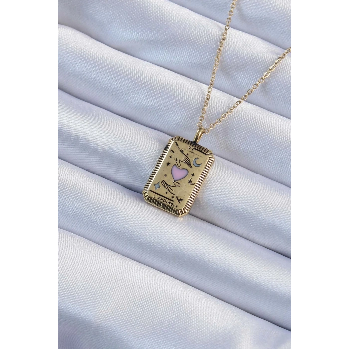 BFS 316L Çelik Zincir Eskitme Altın Renk Pembe Mineli Kalp Figürlü Tarot Kolye