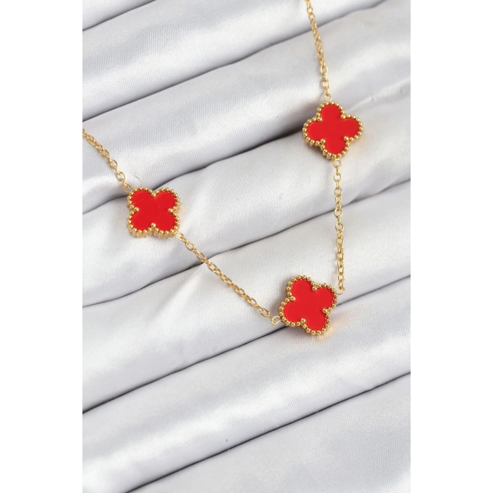 BFS 316L Çelik Zincir Gold Kırmızı Renk Yonca Kadın Kolye