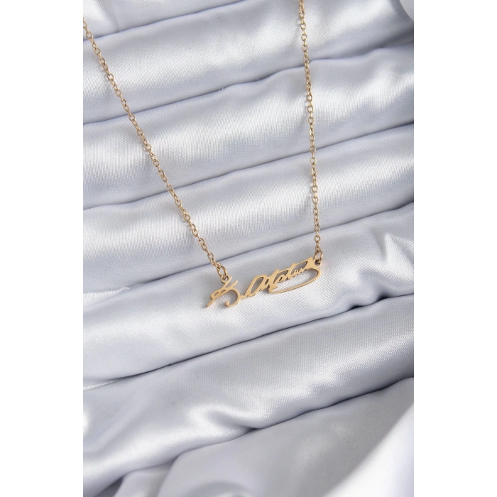 BFS 316L Çelik Zincir Gold Renk Atatürk İmzası Model Kadın Kolye