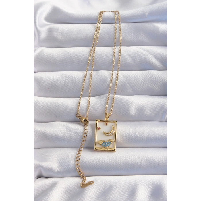 BFS 316L Çelik Zincir Gold Renk Ay Detay Mavi Zirkon Taşlı Tarot Kolye